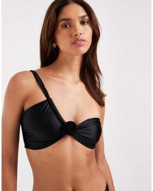 Vero Moda One Shoulder Bandeau Bikini Top With Floral Corsage Detail - Black