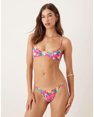 Wild Lovers Ohana Floral Print Bikini Top With Contrast Lace - Red