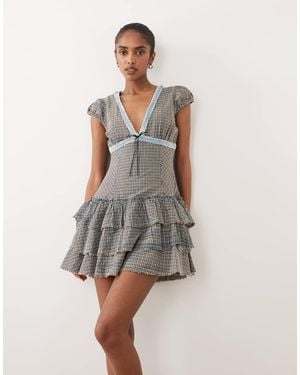 ASOS V Neck Mini Tea Dress With Puff Sleeve - Grey