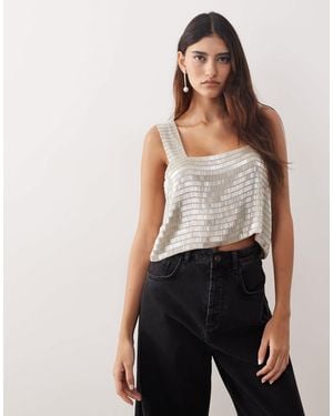 ARRANGE Embellished Beaded Square Neck Boxy Crop Top - Natural