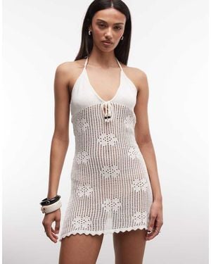 Monki Floral Crochet Tie Front Beach Mini Dress - White