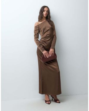Y.A.S Asymmetric Off Shoulder Satin Maxi Dress - Brown