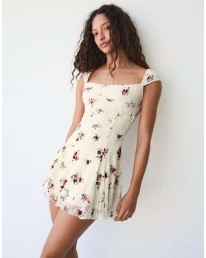 Bershka Mini Lace Print Dress - Natural