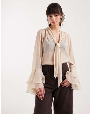ONLY High Neck Tie Detail Sheer Blouse With Frill Sleeves - Natural