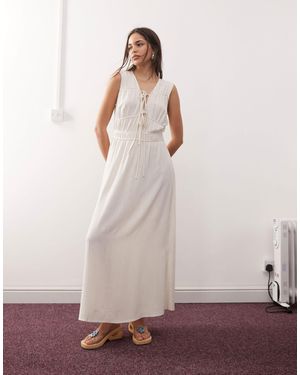 Reclaimed Vintage Maxi Linen Blend Sun Dress With Ruching And Ties - Natural