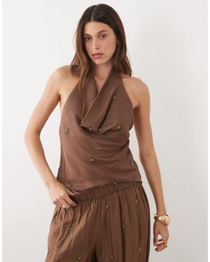 Mango Soliel Embellished Halterneck Top Co-Ord - Brown