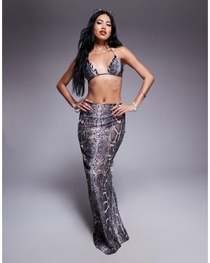 South Beach Snake Print Mesh Maxi Beach Skirt - Gray