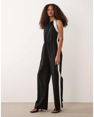 Mango Linen Mix Jumpsuit With Side Stripe - Black