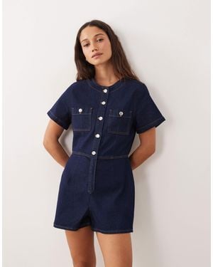 Miss Selfridge Denim Button Through Playsuit - Blue