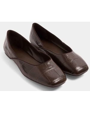 Yours Clothing Wide Fit Croc Square Toe Ballet Court Shoes - Brown
