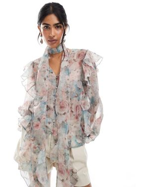 Vero Moda Ruffle Trim Blouson Sleeve Boho Blouse With Detached Scarf - White