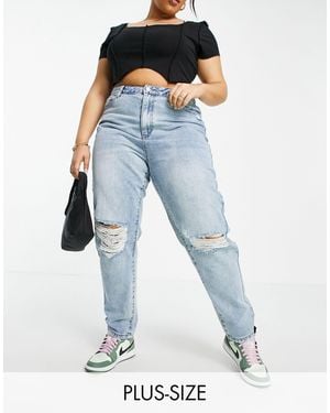Missguided Riot High Waist Mom Jeans With Busted Knee - Blue