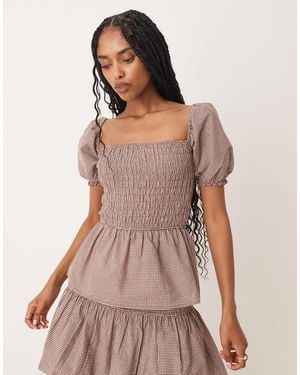 Glamorous Shirred Puff Sleeve Detail Top With Peplum - Brown