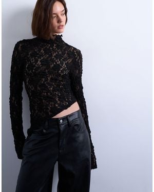 TOPSHOP Lace High Neck Long Sleeve Asymmetric Hem Top - Black