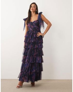 LACE & BEADS Bridesmaid Bow Shoulder Tulle Maxi Dress - Blue