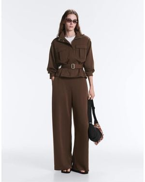 Oysho Wide-leg High Rise Pique Trousers With Buckles - Brown