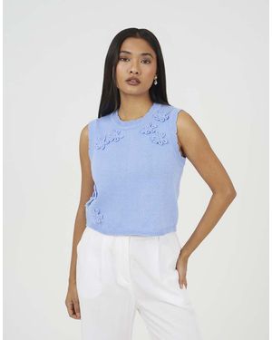 Brave Soul Knitted Crew Neck Tank With Crochet Flowers - Blue