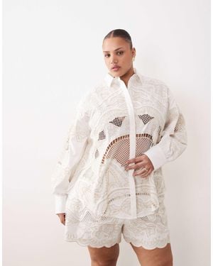 ARRANGE Curve Embroidered Cutwork Oversized Shirt Co-ord - Natural