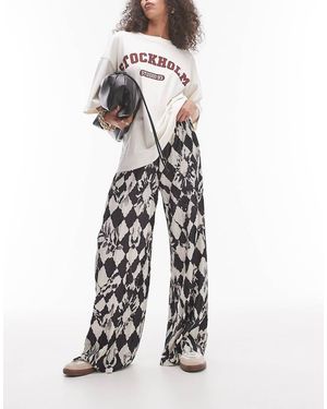 TOPSHOP Pantaloni A Fondo Ampio Plissé Monocromatici Stropicciati A Scacchi - Bianco