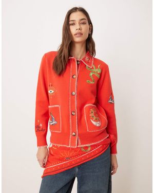 Never Fully Dressed Mystical Embroide Longline Boxy Cardigan Co-ord - Red