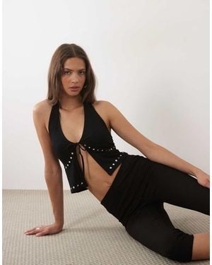 New Look Stud Trim Halter Top - Black