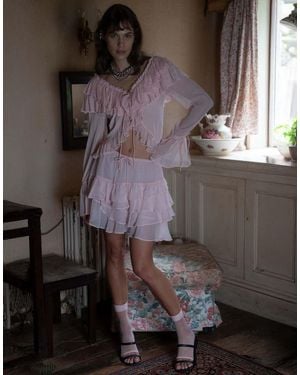 Muse Assembly Boho Crinkle Chiffon Ruffle Tie Front Top - Pink