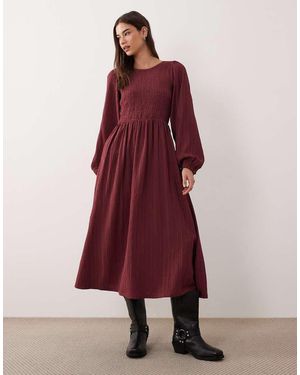 Threadbare Midi Jurk Van Kreukelstof Met Lange Mouwen - Rood