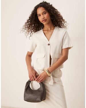 Vila Top Color Crema Jaspeado De Manga Corta Con Botones Delanteros De Tejido Efecto Lino De (Parte De Un Conjunto)-Neutro