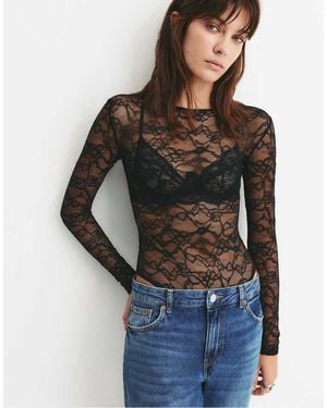 Pull&Bear Long Sleeve Lace Bodysuit - Blue