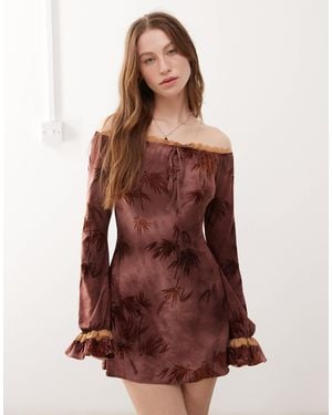 The Kript Boho Off Shoulder Mini Dress With Lace Detailing - Brown