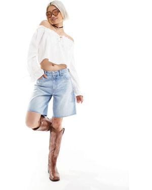 Bershka Diamante Longline Denim Shorts - Blue