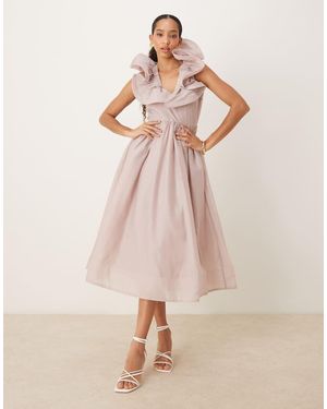 True Decadence Ruffle V Neck Midi Dress - Natural