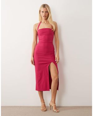 Vesper Midi Jurk Van Bengaline Met Halternek En Dijsplit - Roze