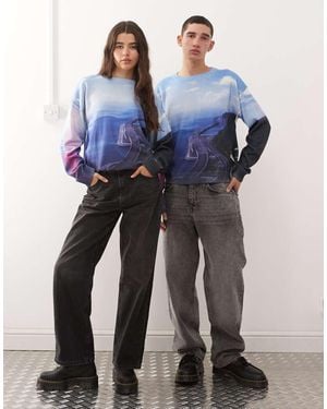 Collusion Jersey Azul Extragrande Con Patrón Gráfico De Paisaje Efecto Lavado De Punto De
