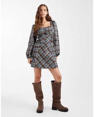 Daisy Street Puff Sleeve Shirred Mini Dress - Grey