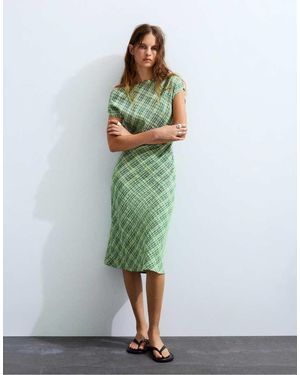 Pull&Bear Asymmetric Checked Midi Dress - Green