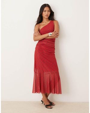 House Of Sunny Assymetric Ruffle Polka Dot Midi Dress - Red