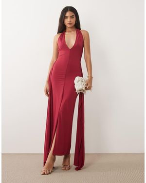 TFNC London Slinky Halterneck Plunge Maxi Dress - Red