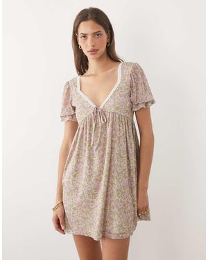 Miss Selfridge Babydoll Mini Jurk Met Pofmouwen En Bloemenprint - Naturel