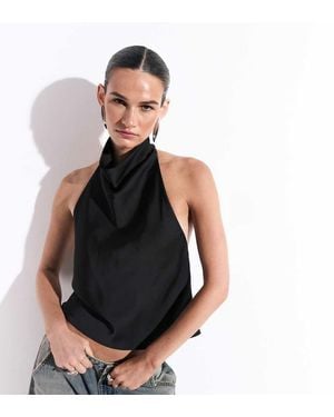 Kaiia Exclusive Satin High Neck Cowl Low Back Top - Black