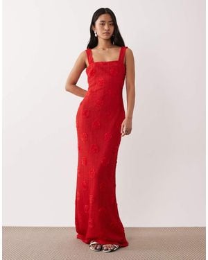 Pretty Lavish Floral Appliqué Square Neck Maxi Dress - Red