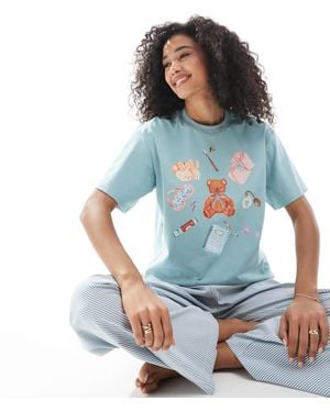 Daisy Street Oversized Tee And Striped Trouser Pyjama Set - Blue