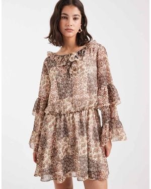 Miss Selfridge Chiffon Ruffle Mini Dress - Brown