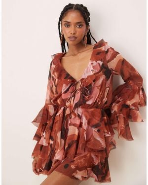 ASOS Tie Front Ruffle Detail Long Sleeve Playsuit - Red
