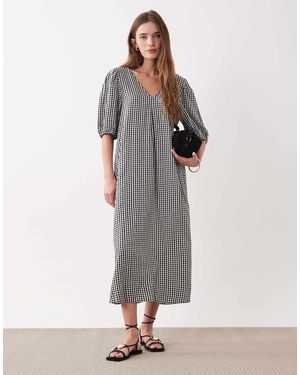 Jdy Vestido Midi A Cuadros Vichy Negros Con Cuello De Pico Y Mangas Abullonadas De - Gris