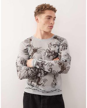 Ed Hardy Snake And Dragon Long Sleeve Mesh T-shirt - Grey