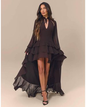 Wanderdoll Wander Doll X Emma Milton Fleur Chiffon Tie Neck Ruffle High-low Maxi Dress - Black