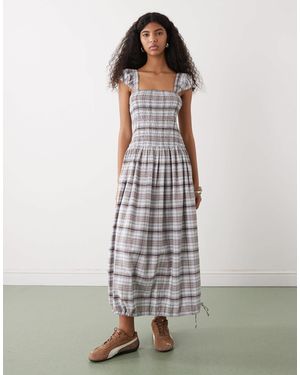 Collusion Shirred Cap Sleeve Midi Dress - White