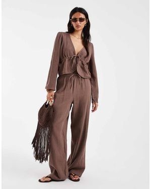 Pieces Crinkle Cotton Wide Leg Trousers - Brown