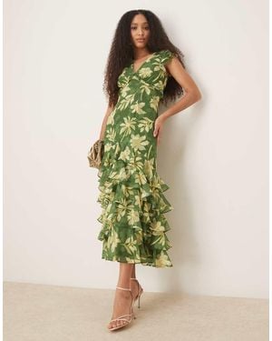 ANAYA Floral Print Ruffle Midaxi Dress - Green